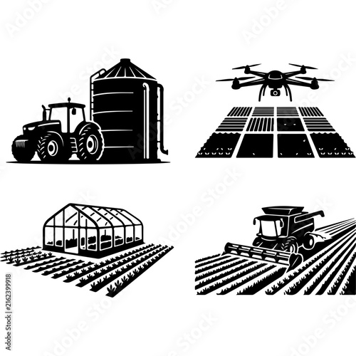 Smart farming icons set, modern agriculture technology vectors, tractor and drone monitoring illustrations, greenhouse and harvest machinery