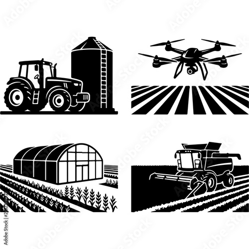 Smart farming vector icons set, modern agriculture technology illustrations, tractor and drone on farm fields, 4 black and white graphics