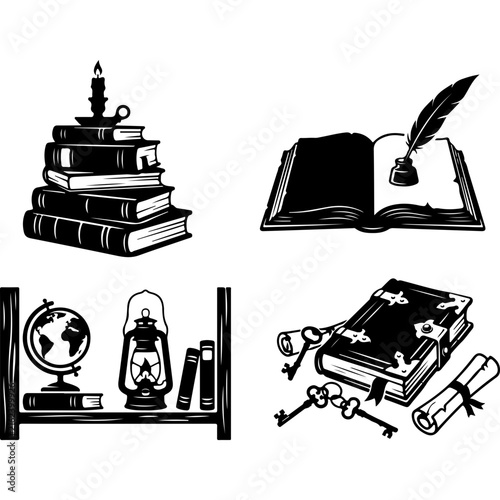 Vintage library vector set, antique book stack with candle, old literature collection with quill and inkwell, retro scholar icons