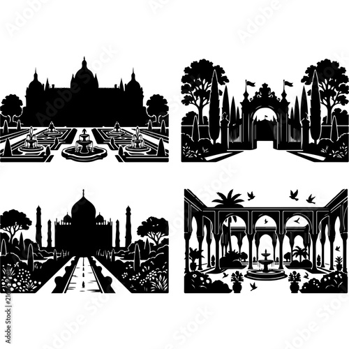 Vintage palace silhouette set, 4 royal garden vector illustrations. Classic architecture landscape icons, black and white estate graphics.