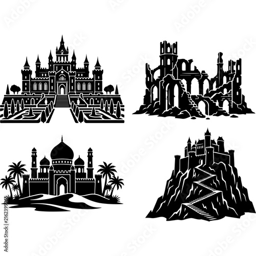 Medieval castle silhouettes and fortress ruins, 4 vector icons of fantasy palaces and desert citadels, black architectural landmarks