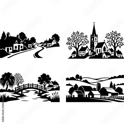 Vintage countryside landscape silhouettes, rustic village and farm vector set, black and white rural scenery illustrations