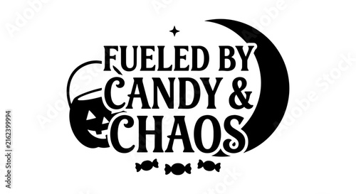 Fueled by Candy and Chaos Halloween Vector Art, Spooky Moon and Trick-or-Treat Bag Design