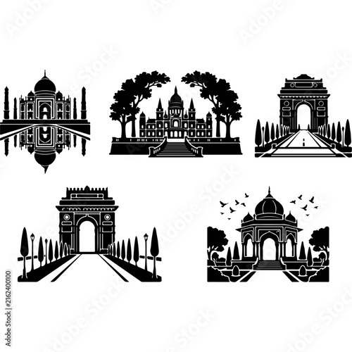 Indian landmark silhouette icons, black and white architecture vector set, 5 cultural monument illustrations for travel design