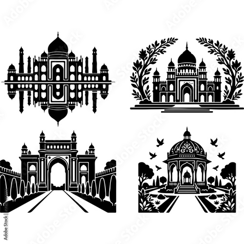 Indian landmark silhouettes, 4 black and white vector icons of palaces and temples, traditional architecture set for travel design