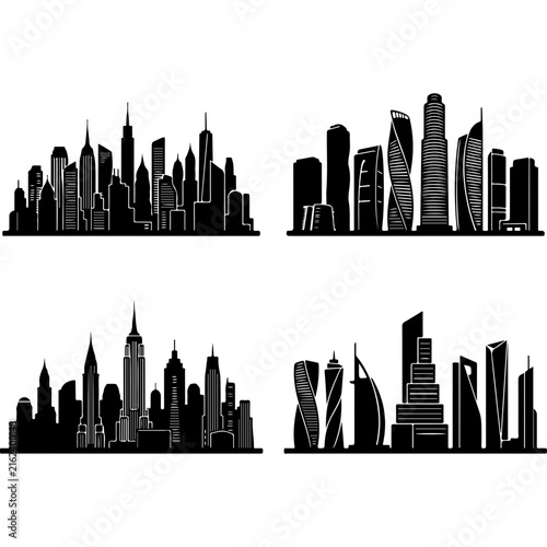 Modern city skyline silhouettes, black urban skyscraper vector set, 4 architectural metropolis landscape icons for web design