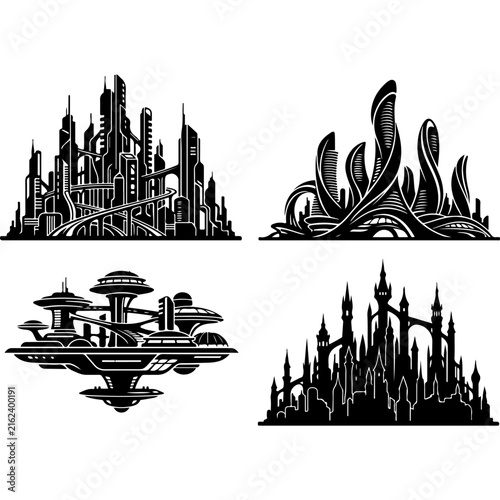 Futuristic city silhouette set, black sci-fi metropolis icons, 4 cyberpunk urban landscape vectors for gaming and UI