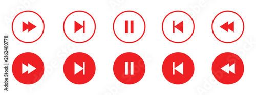 Set of red audio player buttons with pause, next, forward reverse, fast rewind and fast forward icons in circles. Glyph and stroke play and pause icon. Vector illustration.