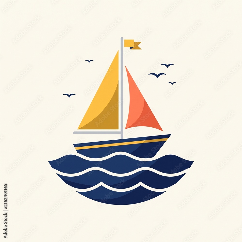 Fototapeta premium Minimal Sailboat on Waves Vector Illustration 