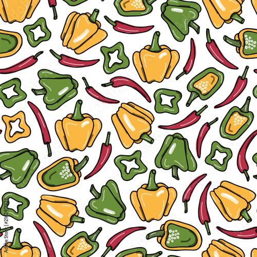 Vibrant pepper seamless pattern. Yellow and green bell peppers and red hot chili all-over vector design on isolated white background