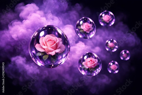 Surreal 3D render showing delicate pink roses enclosed in crystal glass bubbles floating amidst mystical purple smoke on dark background.