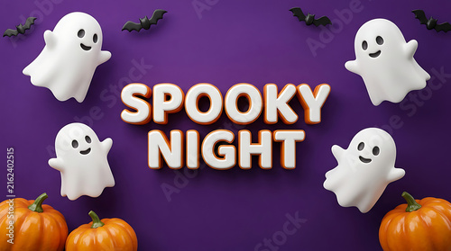 Spooky night halloween decoration with ghosts pumpkins
