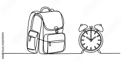 Continuous one line drawing of a backpack and an alarm clock representing school time and back to school concept Vector, illustration
