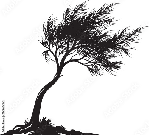 Gnarled tree bending in high wind. Silhouette of windswept pine branches blowing sideways. Vector illustration of a twisted trunk against a white sky.