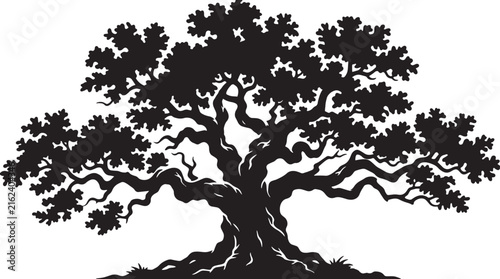 Classic oak tree silhouette illustration, vector symbol with branches, leaves and roots design, black and white graphic for logos