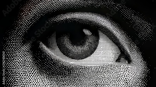 Human eye illustrated using a halftone dot pattern in vector style. 
