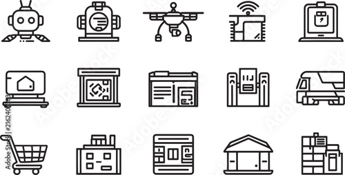 Smart logistics line icons set, 15 warehouse automation vector symbols, industrial supply chain technology graphics