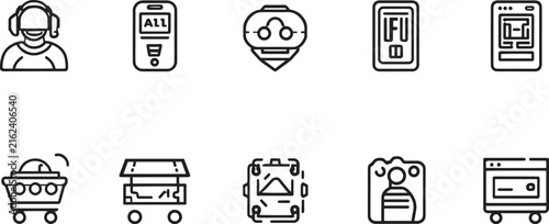 Minimalist technology line icons set. 10 vector symbols for digital interface design. Modern black and white tech graphics for web apps.