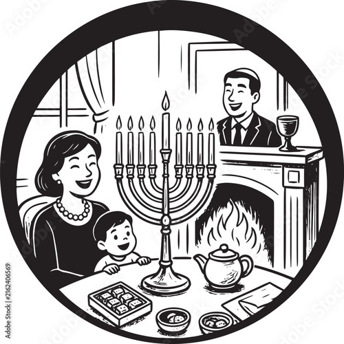 Hand drawn sketch of a happy family celebrating Hanukkah with menorah candles by the fireplace vector illustration