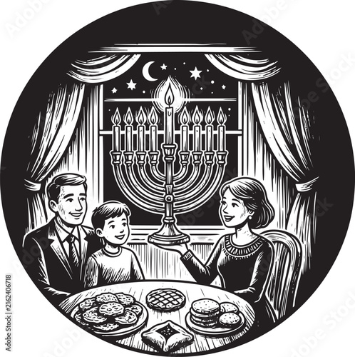 Hand drawn sketch of a happy family celebrating Hanukkah with menorah candles and traditional food line art vector illustration