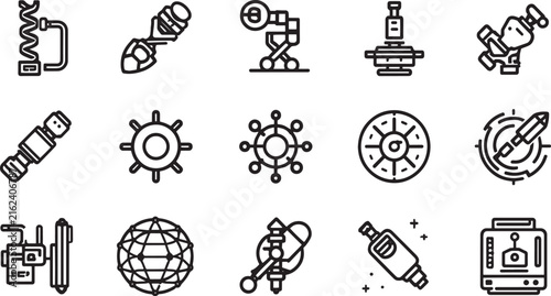 Futuristic space technology icons, 15 science fiction line art symbols. Robotic engineering and galaxy exploration vector set.