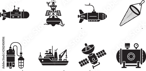 Ocean exploration icons set, 8 black submarine and marine research vector elements, deep sea underwater technology symbols