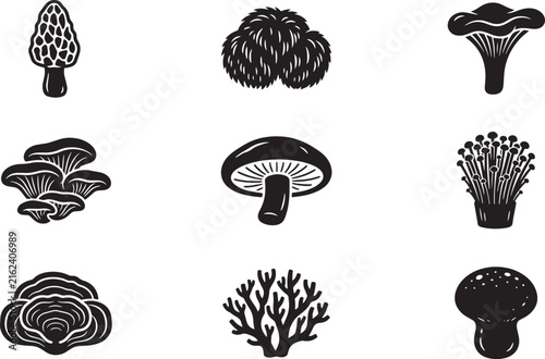 Vintage mushroom vector icons set, black and white forest fungi illustrations, organic gourmet mushroom collection for culinary design