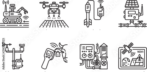 Smart farming icons set, agricultural technology line art, 8 digital farming vector elements, precision agriculture automation graphics