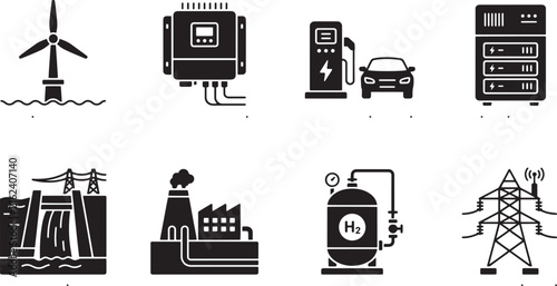 Renewable energy icon set, sustainable power generation symbols. Green technology vector collection for industrial infrastructure and clean electricity.