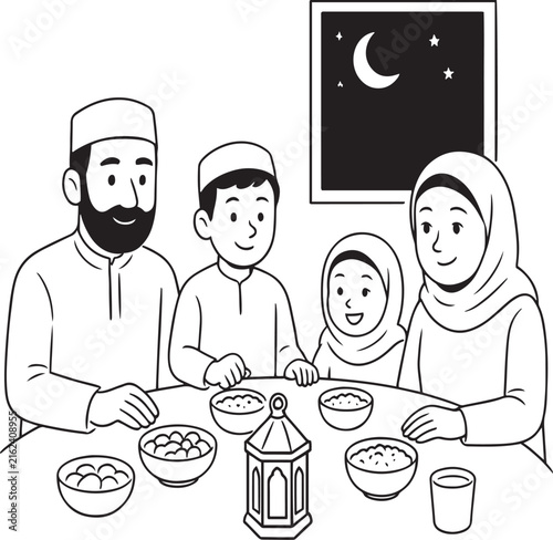 Hand drawn sketch of a muslim family having iftar dinner during ramadan line art vector illustration