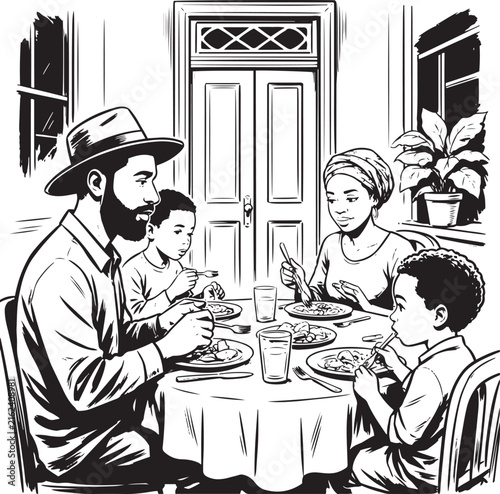 Hand drawn sketch of a black african american family having dinner together at home line art vector illustration