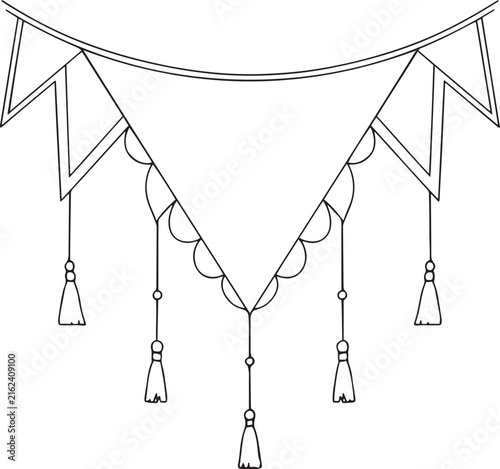 Hand drawn sketch of decorative bohemian bunting garland with tassels and geometric flags line art vector illustration
