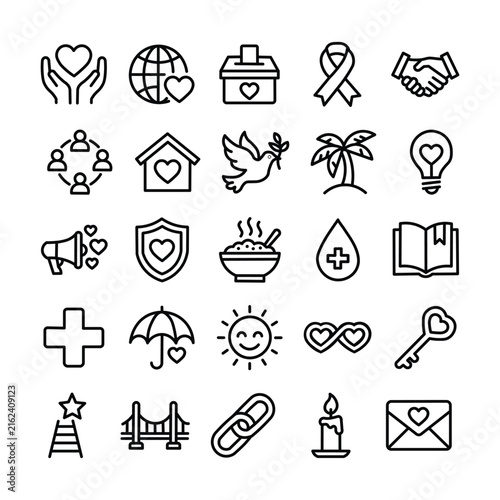 Charity and community support line icon set for non-profit organizations and social outreach programs