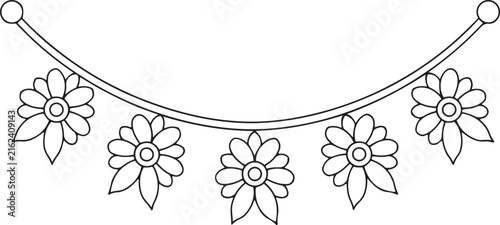 Hand drawn sketch of decorative flower garland hanging bunting with leaves line art vector illustration