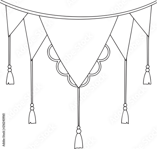 Hand drawn sketch of decorative bohemian bunting garland with tassels line art vector illustration