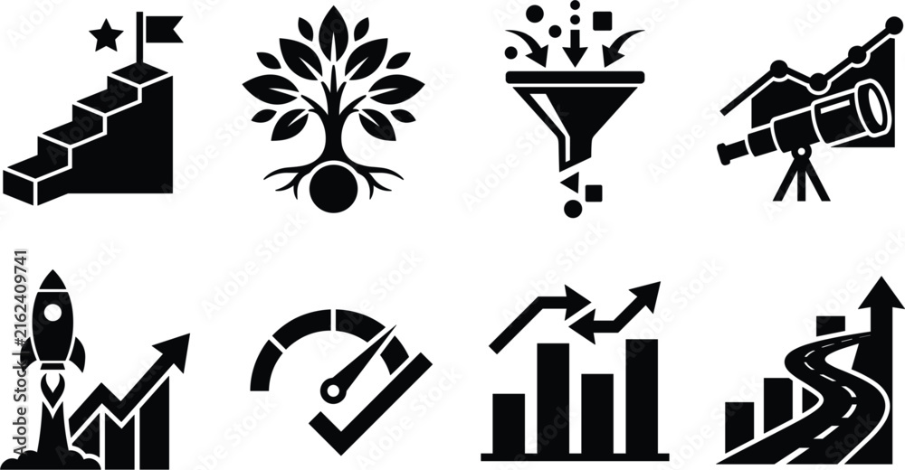 Fototapeta premium Vector business icons representing achievement, growth, forecasting, innovation, performance, and progress analysis
