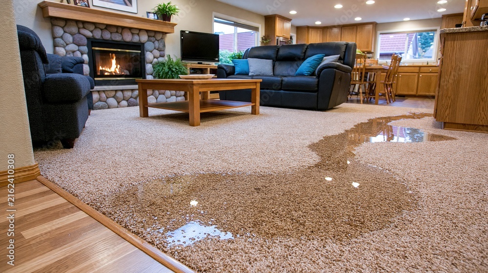 Naklejka premium Water has pooled on a beige carpet in a living room area near kitchen cabinets.