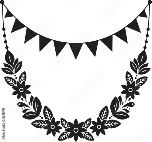 Decorative party bunting flags and floral garland border silhouette vector illustration