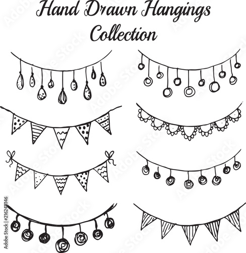 Hand drawn sketch of decorative party hangings and garland buntings vector illustration set