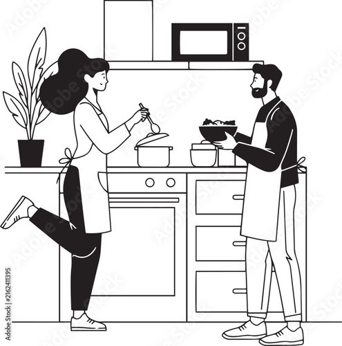 Happy couple cooking together in the kitchen hand drawn sketch vector illustration