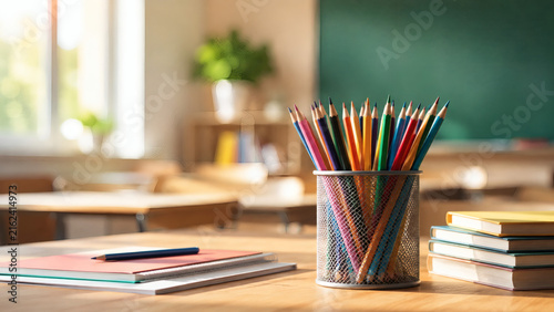 Colorful pencils and books arranged on a classroom desk with warm sunlight and generous copy space for education concepts
