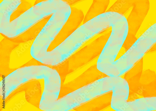 Contemporary digital painting with wavy teal and orange translucent watercolor paint on yellow background.   Part of a series. Hand painted digital art.