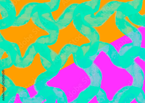 Color blocking abstract digital watercolor painting with  teal wavy pattern over orange and pink background. Part of a series. Painted by hand digitally. 