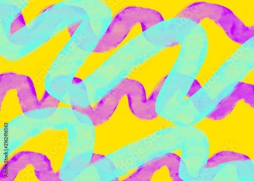 Bright bold digital watercolor painting with teal and purple  pink wavy lines of color on yellow background. Part of a series. Painted by hand digitally. 