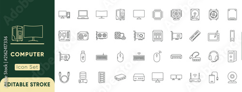 Computer components icon set. Featuring hardware components, desktop peripherals, storage devices, networking equipment, and processing units. Editable vector illustration.