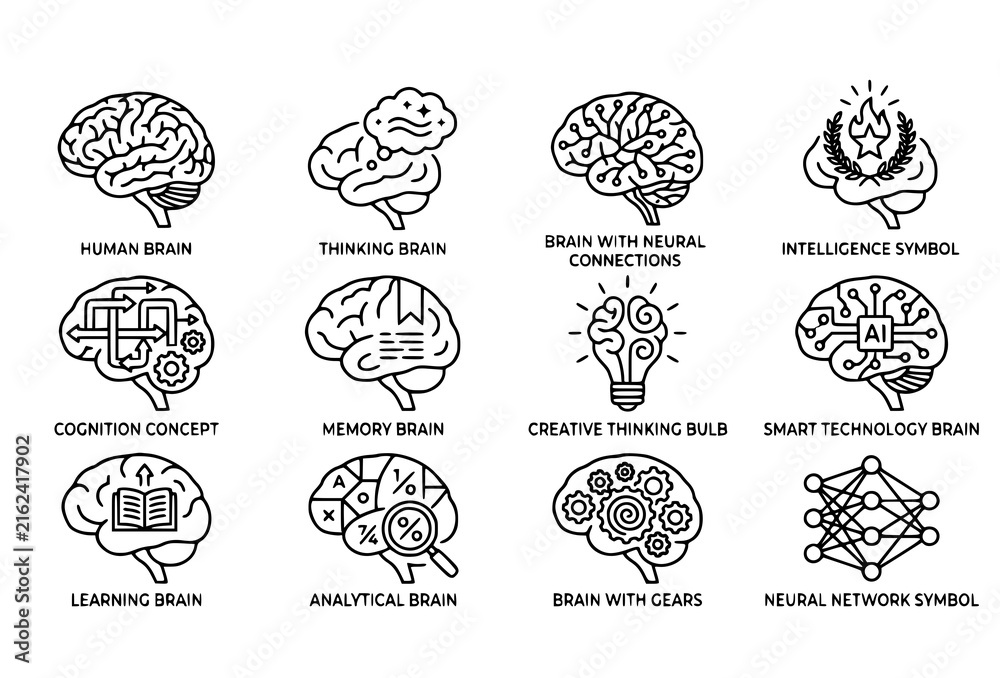 Obraz premium Brain and Intelligence Editable Stroke Line Icons, Thinking and Cognition Vector Set AI