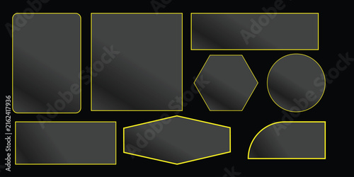 Set of various empty black geometric frames with glowing yellow neon outlines on a dark background