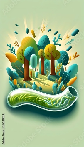 An abstract vector scene where a test tube or healthy intestine grows into a lush garden of trees and flowers representing beneficial probiotics, Ai generated image