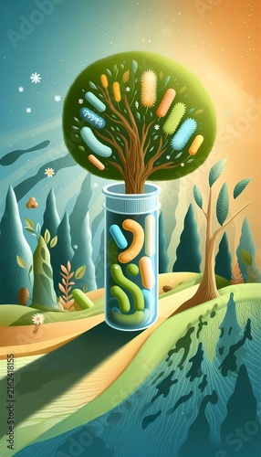 An abstract vector scene where a test tube or healthy intestine grows into a lush garden of trees and flowers representing beneficial probiotics, Ai generated image