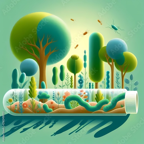 An abstract vector scene where a test tube or healthy intestine grows into a lush garden of trees and flowers representing beneficial probiotics, Ai generated image